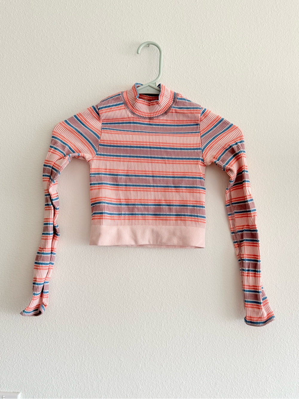 Urban Outfitters Pink Striped Ribbed Mock Neck Sweater with Blue Accents
